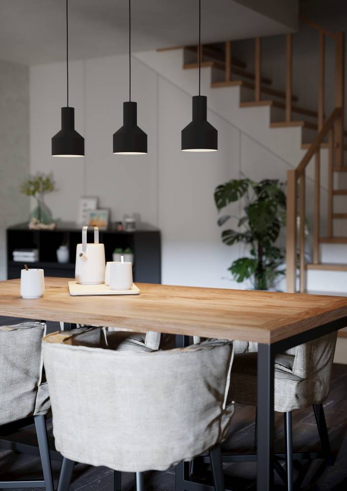 Casibare 85cm Schwarz hängelampe Von Eglo - Mit ihrem klaren und industriellen Stil ist diese Lampe eine ausgezeichnete Wahl f&uuml;r alle, die eine zeitlose und funktionale Beleuchtungsl&ouml;sung f&uuml;r ihr Zuhause suchen.