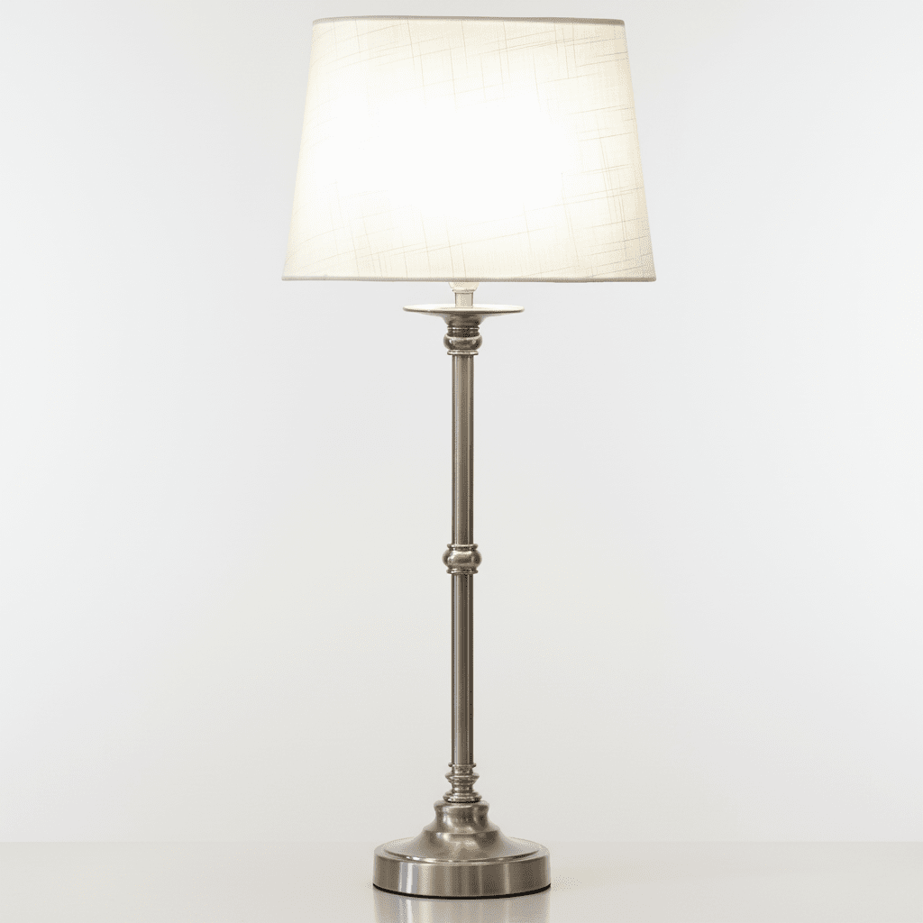 Axel 60cm Silber/Cremeweiß tischlampe Von Lampan - Der ovale Schirm aus cremefarbenem Textil harmoniert perfekt mit dem Lampenfu&szlig; und sorgt f&uuml;r ein sanftes und angenehmes Licht.