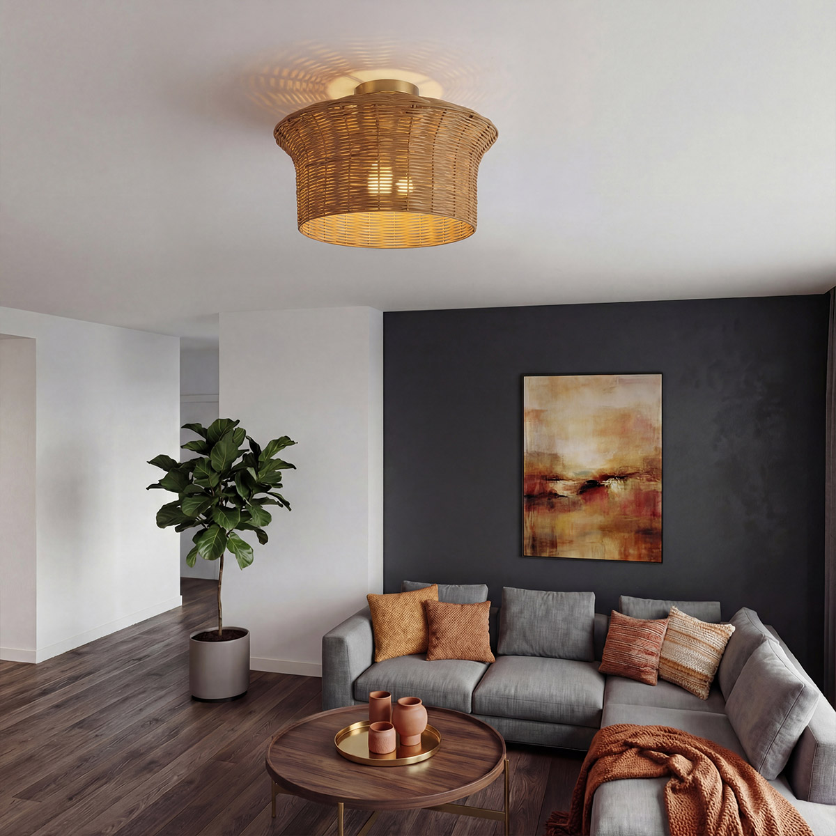 Kai Ø40 Natur deckenleuchte Von Elstead Lighting - Kai ist eine dekorative Deckenleuchte, die Metall mit einem Schirm aus Rattan kombiniert.