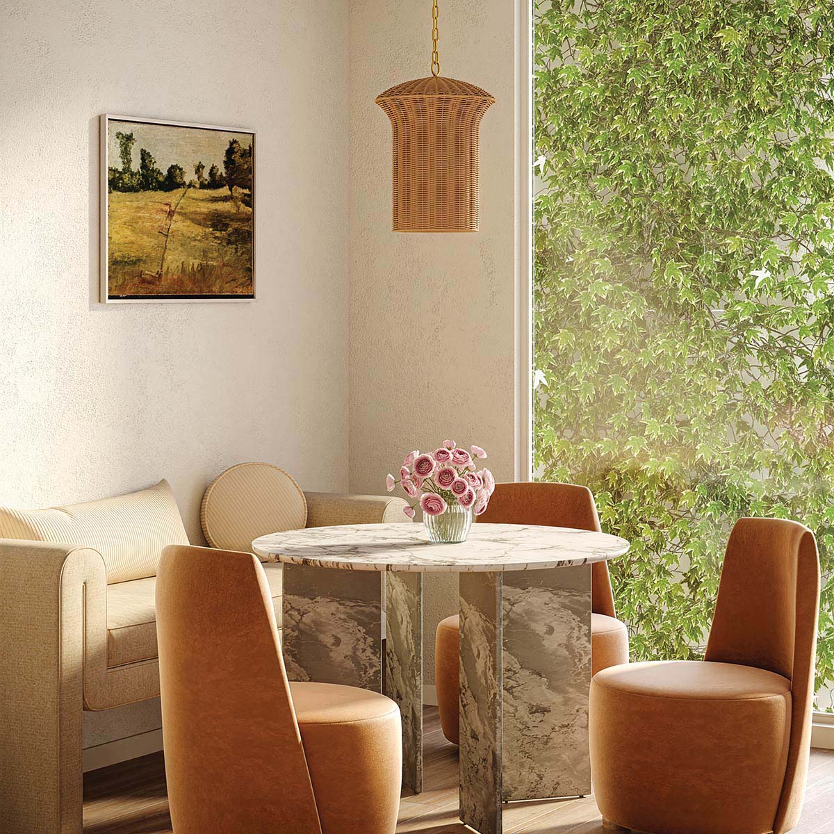 Kai Ø28 Natur hängelampe Von Elstead Lighting - Das naturfarbene Rattan verleiht der Lampe eine warme und gem&uuml;tliche Ausstrahlung, w&auml;hrend die Details in geb&uuml;rstetem Gold einen sch&ouml;nen Kontrast bilden.