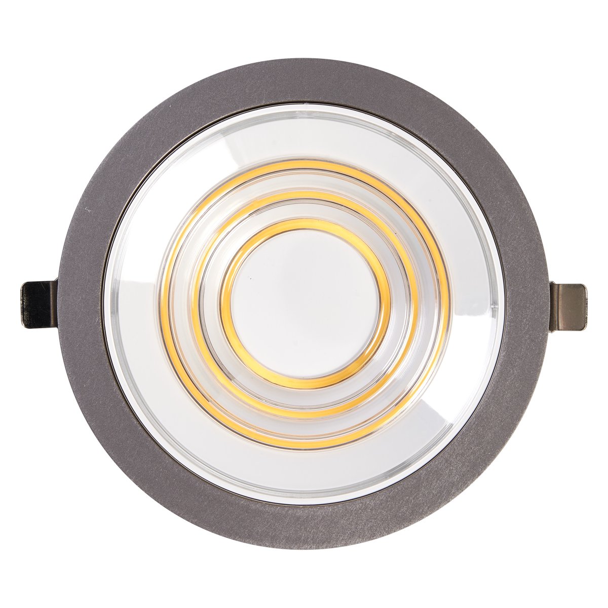 Decor Filament Ripple 9W Aluminium Von - In der ersten Position leuchtet der kleine Kreis in der Mitte, in der zweiten Position leuchtet der zweite Kreis, in der dritten Position leuchtet der dritt&auml;u&szlig;erste Kreis und in der vierten Position leuchten alle drei gleichzeitig.