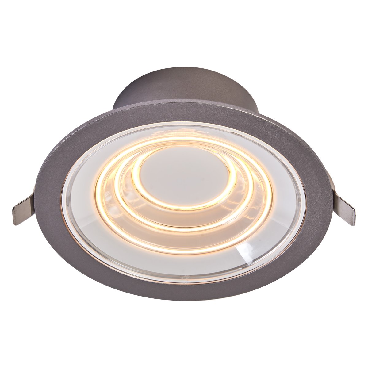 Decor Filament Ripple 9W Aluminium Von - In der ersten Position leuchtet der kleine Kreis in der Mitte, in der zweiten Position leuchtet der zweite Kreis, in der dritten Position leuchtet der dritt&auml;u&szlig;erste Kreis und in der vierten Position leuchten alle drei gleichzeitig.