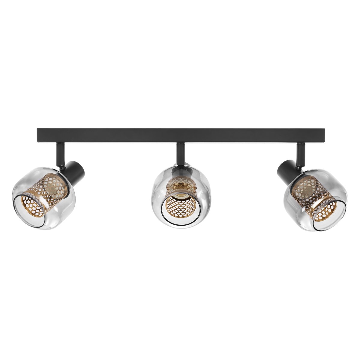 Firefly 3 Schwarz spotlight Von Osram - De r&ouml;rliga spotlightsen med sk&auml;rmar av gr&aring;tonat glas i kombination med de guldiga detaljh&ouml;ljet som omfamnar ljusk&auml;llorna bidrar med en elegans till rummet.