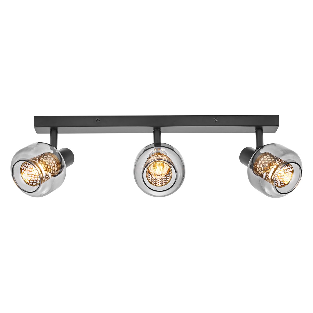 Firefly 3 Schwarz spotlight Von Osram - De r&ouml;rliga spotlightsen med sk&auml;rmar av gr&aring;tonat glas i kombination med de guldiga detaljh&ouml;ljet som omfamnar ljusk&auml;llorna bidrar med en elegans till rummet.