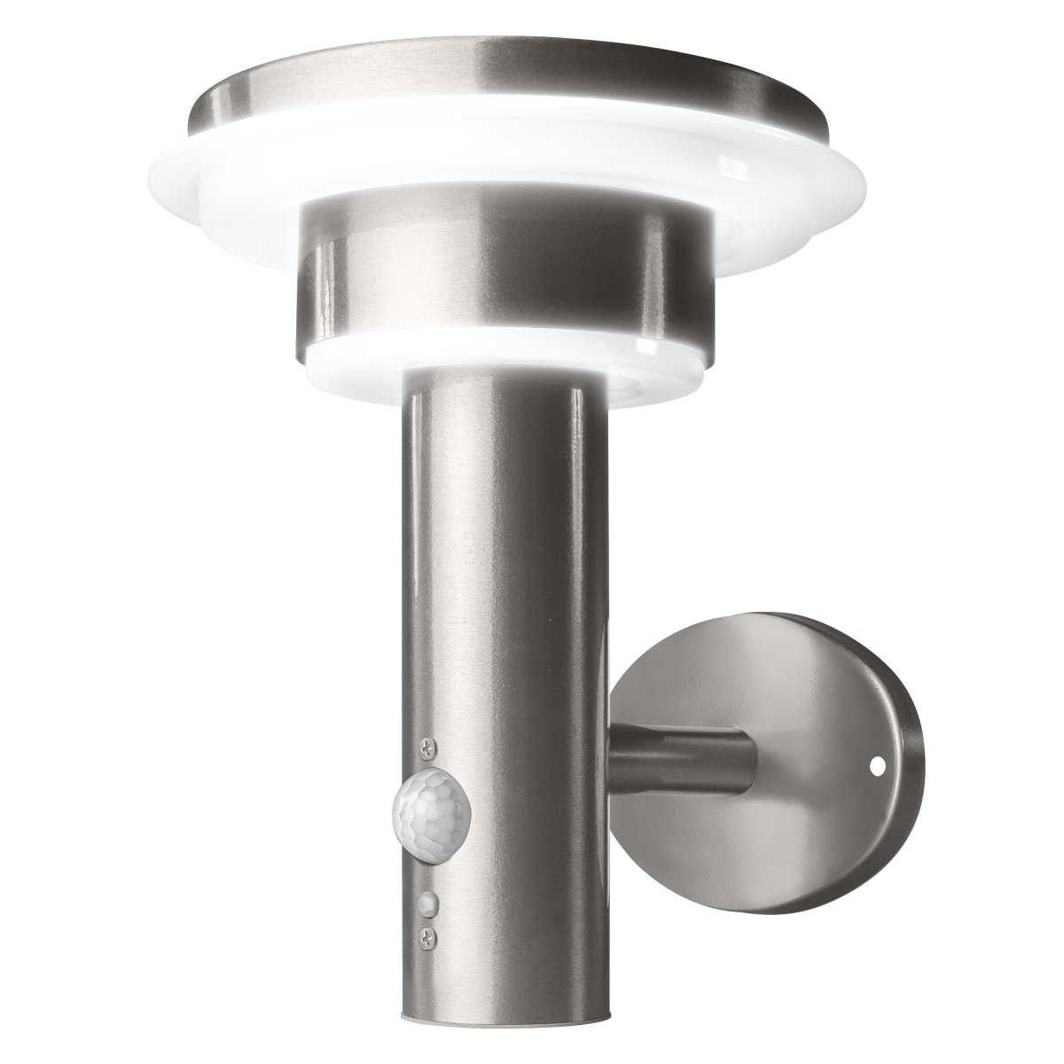 Double Circle Sensor Silber solarleuchte Von Ledvance - Der eingebaute PIR-Bewegungssensor und Tageslichtsensor schalten die Lampe bei Bewegung im Dunkeln automatisch ein und sorgen so für Sicherheit und Energieeffizienz.