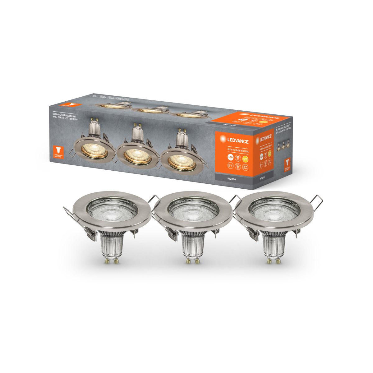 Recess Set inkl GU10 3x2W Gebürstetes Nickel Von Ledvance - Kann nicht direkt an der Isolierung montiert werden, erfordert eine Einbautiefe von mindestens 14cm.