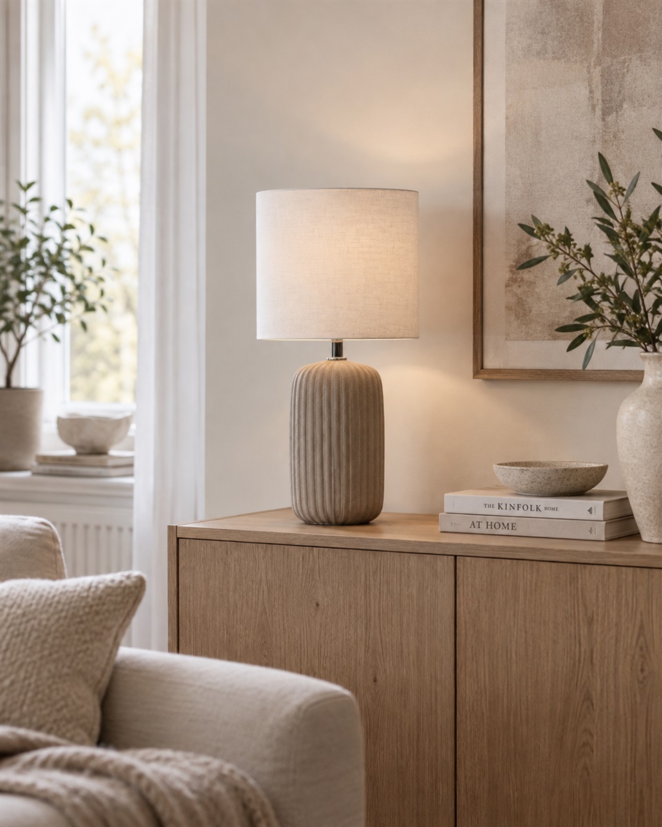 Palizzo 33cm Braun tischlampe Von Nordic Lighting - Der Fu&szlig; hat eine matte, sandartige Oberfl&auml;che in einem warmen Braunton und eine gerippte Struktur, die der Leuchte eine sanfte und dekorative Ausstrahlung verleiht.
