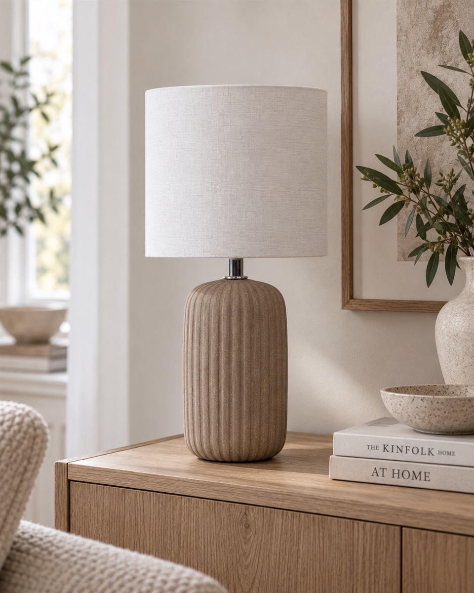 Palizzo 33cm Braun tischlampe Von Nordic Lighting - Der Fu&szlig; hat eine matte, sandartige Oberfl&auml;che in einem warmen Braunton und eine gerippte Struktur, die der Leuchte eine sanfte und dekorative Ausstrahlung verleiht.