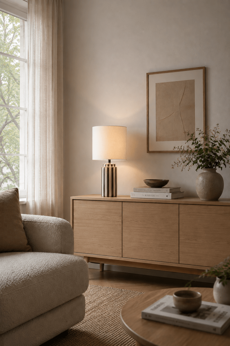 Faro 50cm Braun/weiß tischlampe Von Nordic Lighting - Der Lampenfu&szlig; aus Keramik besticht durch seine cremewei&szlig;e Basis und braune Streifen, die einen lebendigen und zugleich harmonischen Eindruck erzeugen.