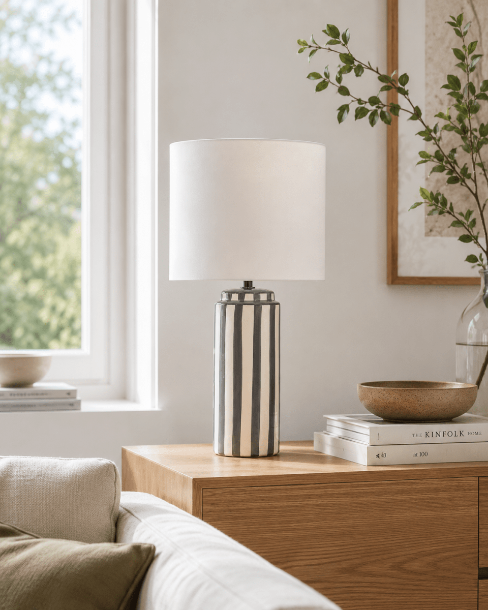 Faro 50cm Grau/Weiß tischlampe Von Nordic Lighting - Der Lampenfu&szlig; aus Keramik besticht durch seine cremewei&szlig;e Basis und graue Streifen, die einen lebendigen und zugleich harmonischen Eindruck erzeugen.