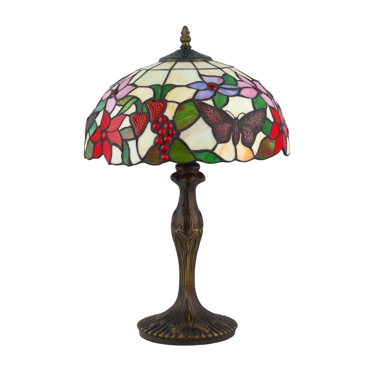 Bali 45cm Mehrfarbig Von Norrsken Design - Bali ist eine klassische Tiffany-Lampe mit einem wunderschönen Design mit Schmetterlingen, Früchten und Blumen in verschiedenen Farben.