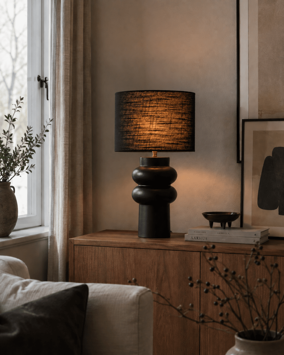 Anelli 56cm Schwarz tischlampe Von Nordic Lighting - Die einzigartige, skulpturale Form und der dunkle Farbton verleihen ihr einen modernen und eleganten Ausdruck.