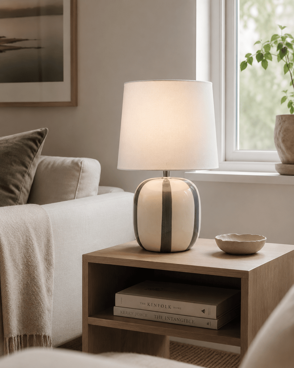 Pholca 38cm Weiß/grau tischlampe Von Nordic Lighting - Der Lampenfu&szlig; aus Keramik besticht durch seine cremewei&szlig;e Basis und graue Streifen, die f&uuml;r Lebendigkeit und Charakter sorgen.