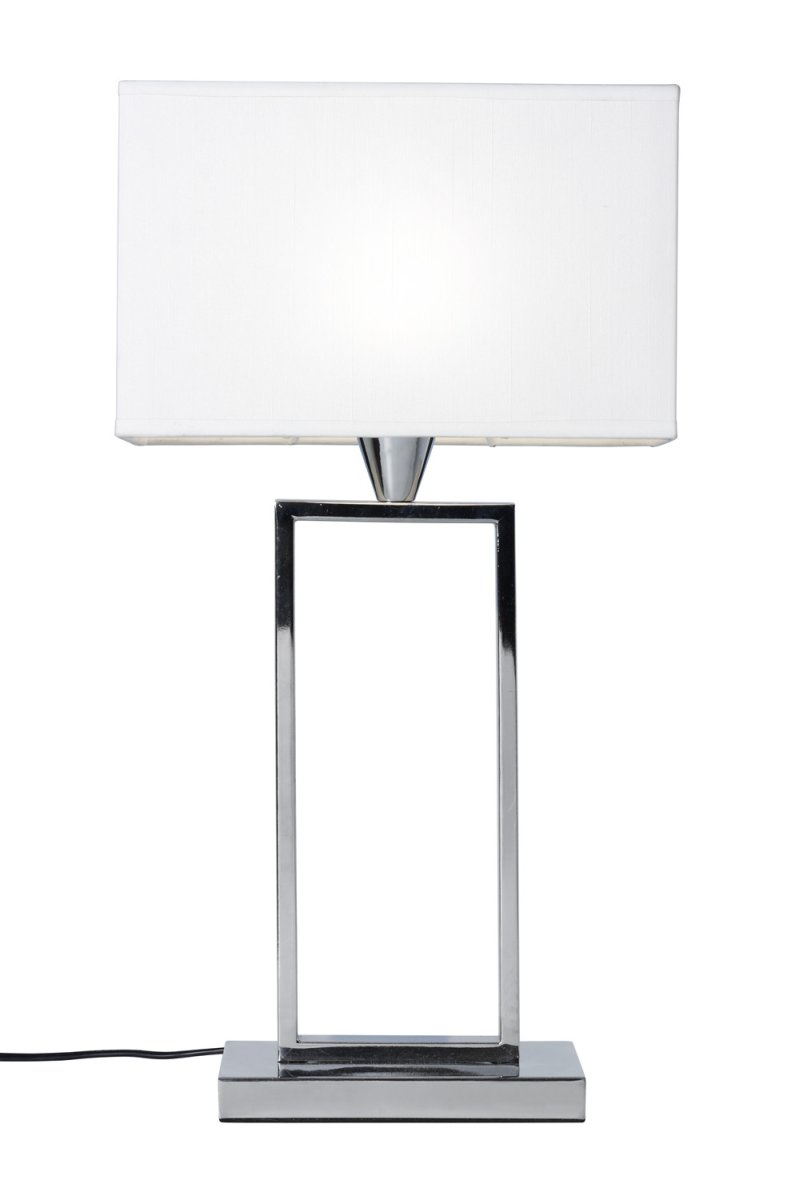 Kensington 50cm Chrom tischlampe Von Cottex - Der stilvolle Metallrahmen sorgt für ein luftiges und modernes Ambiente, während der weiße Textilschirm ein weiches und angenehmes Licht verbreitet.