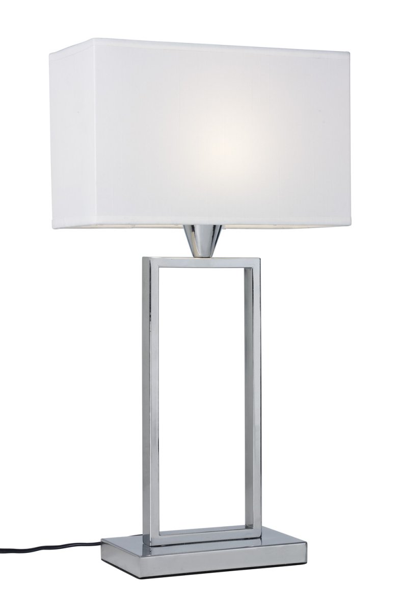 Kensington 50cm Chrom tischlampe Von Cottex - Der stilvolle Metallrahmen sorgt für ein luftiges und modernes Ambiente, während der weiße Textilschirm ein weiches und angenehmes Licht verbreitet.