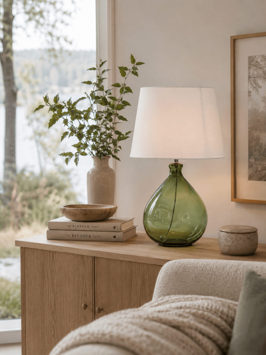 Tasso 55cm Grün tischlampe Von Lampan - Tasso ist eine stilvolle und dekorative Tischleuchte, die Glas und Textil auf elegante Weise vereint.