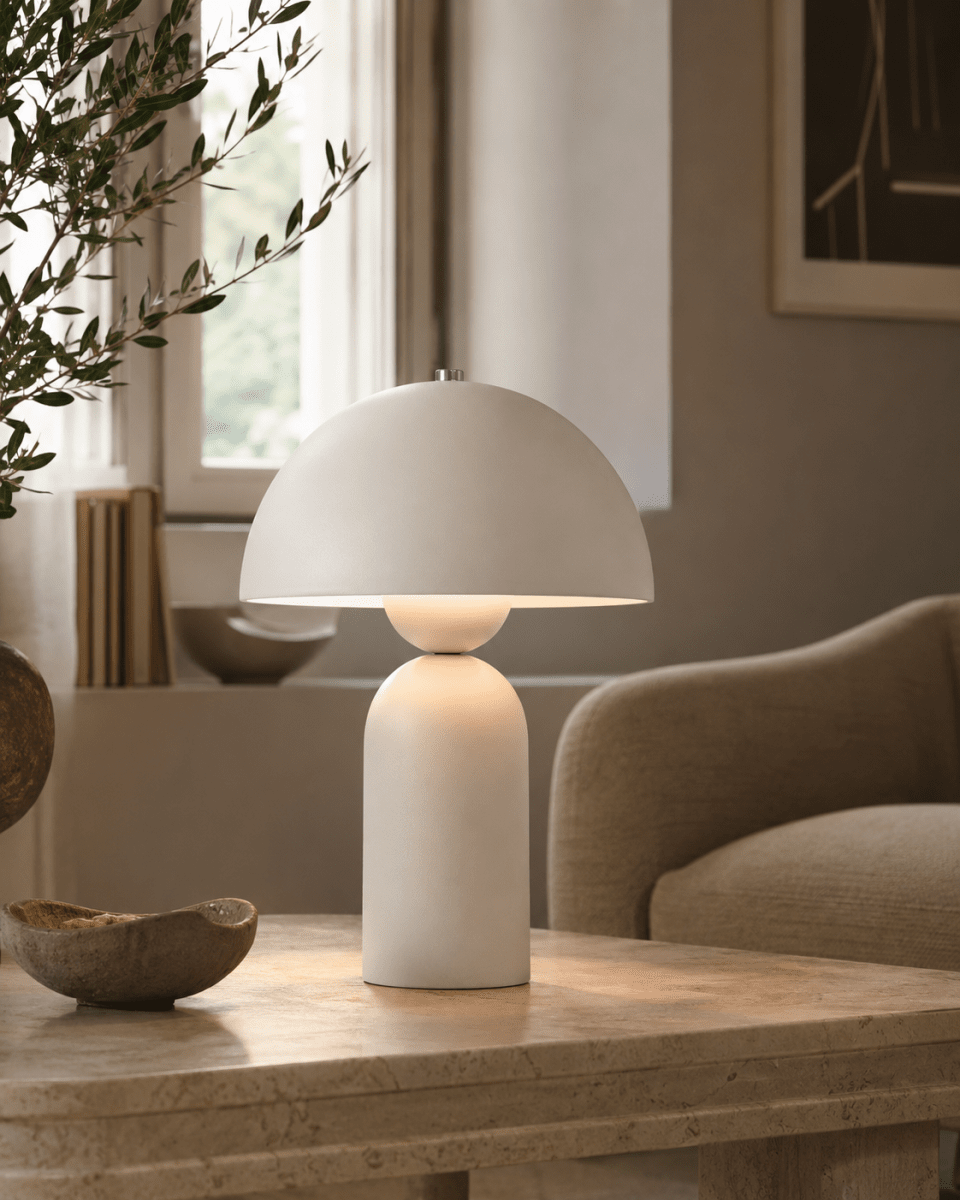 Capello 35cm Weiß tischlampe Von Nordic Lighting - Das dekorative Chromdetail an der Oberseite verleiht der Leuchte einen eleganten Touch und macht sie zu einem sch&ouml;nen Blickfang in Schlafzimmern, Wohnzimmern und Fluren.
