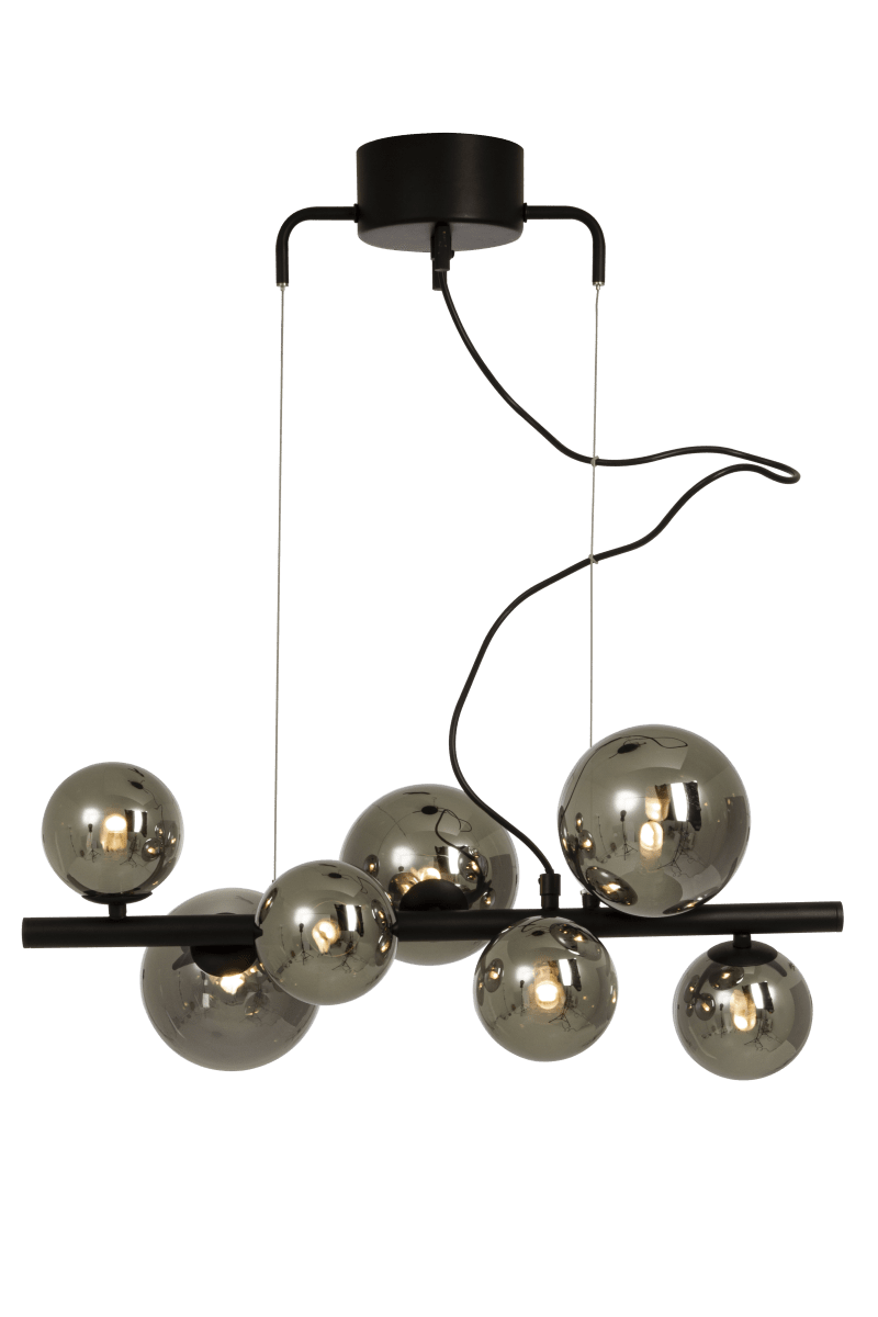 Molekyl 58cm Rauchgrau hängelampe Von Aneta Lighting - Moderne, stilvolle Deckenleuchte von MOLEKYL aus schwarz lackiertem Metall mit 7 Rauchglasschirmen in zwei Farben.
