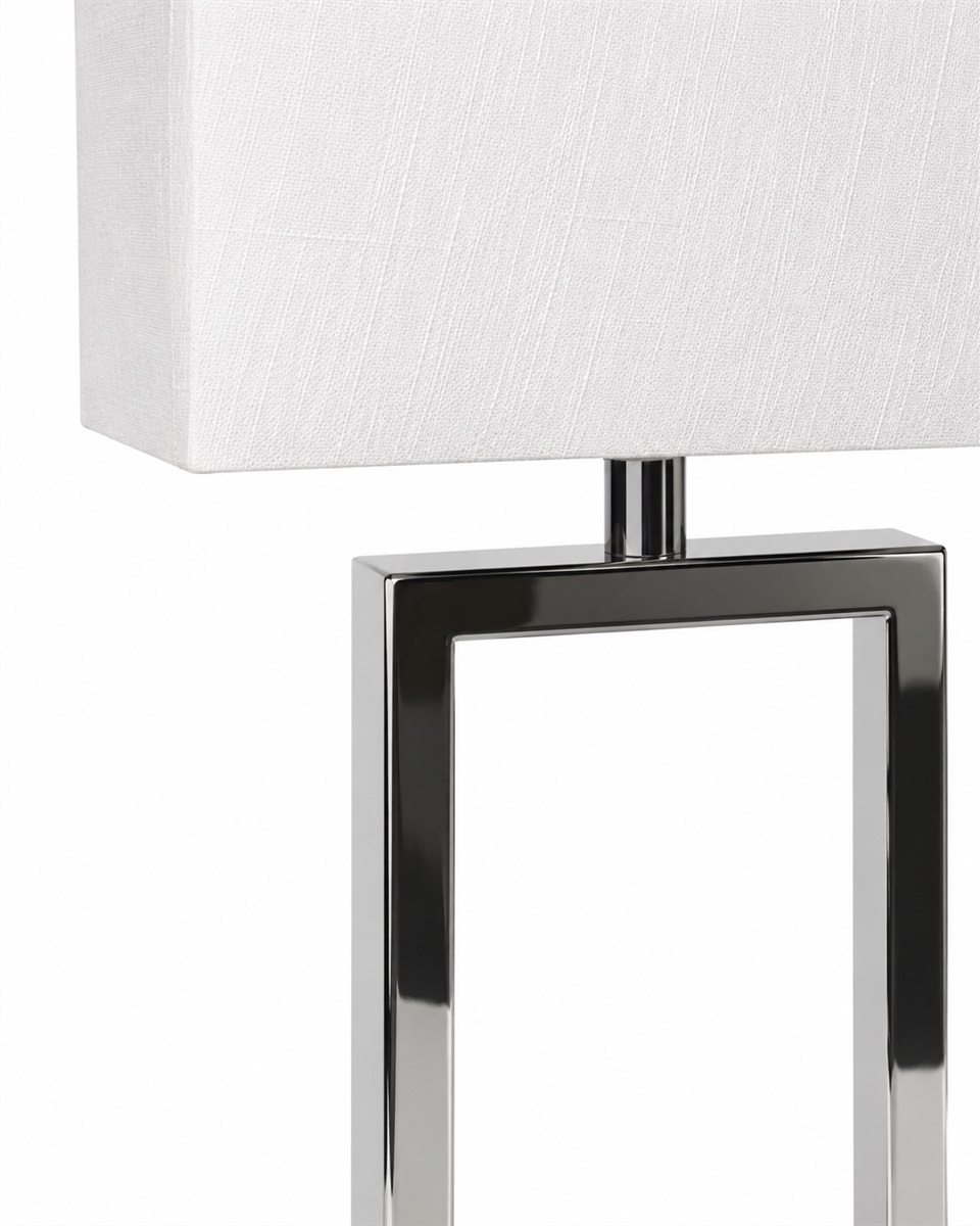 Gemma 52cm Chrom tischlampe Von Nordic Lighting - Der wei&szlig;e, rechteckige Lampenschirm aus Textil spendet ein sanftes und angenehmes Licht, das sich perfekt in Schlafzimmer, Wohnzimmer und Flur einf&uuml;gt.
