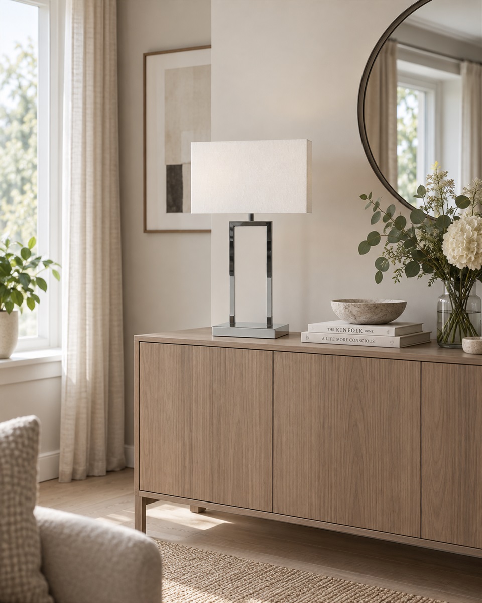 Gemma 52cm Chrom tischlampe Von Nordic Lighting - Der wei&szlig;e, rechteckige Lampenschirm aus Textil spendet ein sanftes und angenehmes Licht, das sich perfekt in Schlafzimmer, Wohnzimmer und Flur einf&uuml;gt.