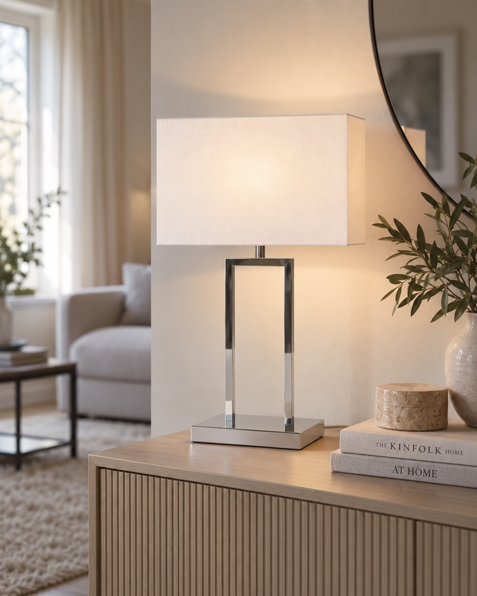 Gemma 52cm Chrom tischlampe Von Nordic Lighting - Der wei&szlig;e, rechteckige Lampenschirm aus Textil spendet ein sanftes und angenehmes Licht, das sich perfekt in Schlafzimmer, Wohnzimmer und Flur einf&uuml;gt.