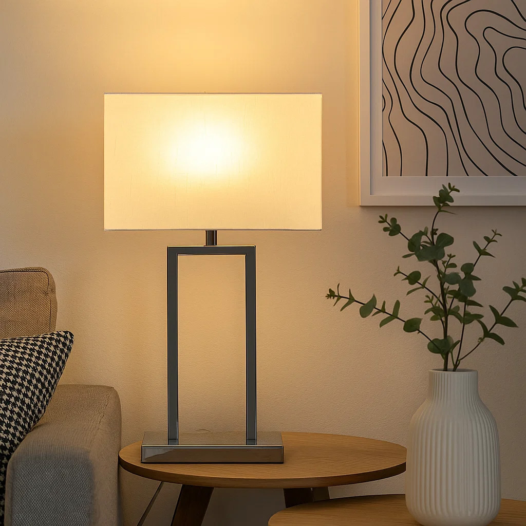Gemma 52cm Chrom tischlampe Von Nordic Lighting - Der wei&szlig;e, rechteckige Lampenschirm aus Textil spendet ein sanftes und angenehmes Licht, das sich perfekt in Schlafzimmer, Wohnzimmer und Flur einf&uuml;gt.