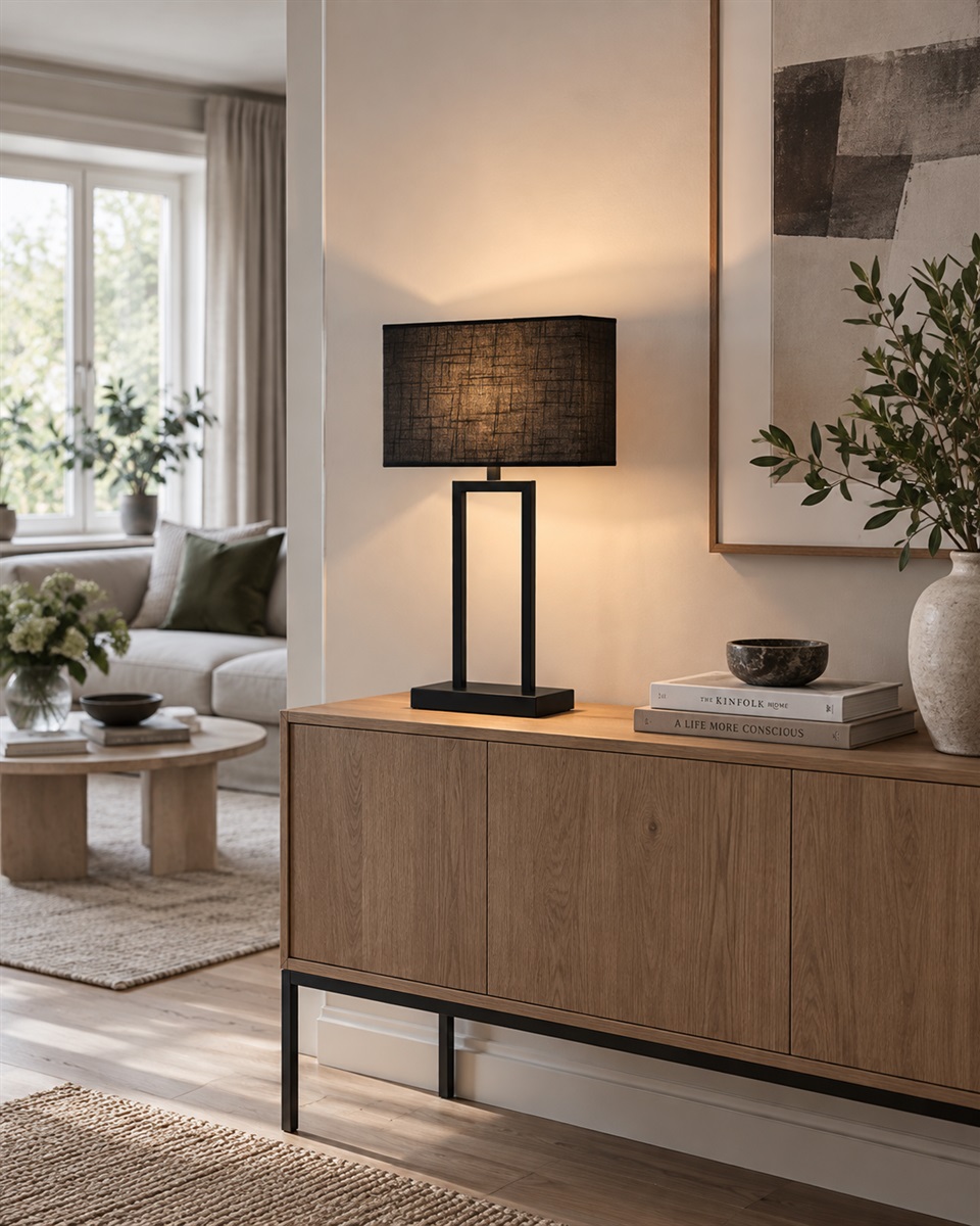 Gemma 52cm Schwarz tischlampe Von Nordic Lighting - Der schwarze, rechteckige Lampenschirm aus Textil spendet ein sanftes und angenehmes Licht, das sich perfekt in Schlafzimmer, Wohnzimmer und Flur einf&uuml;gt.