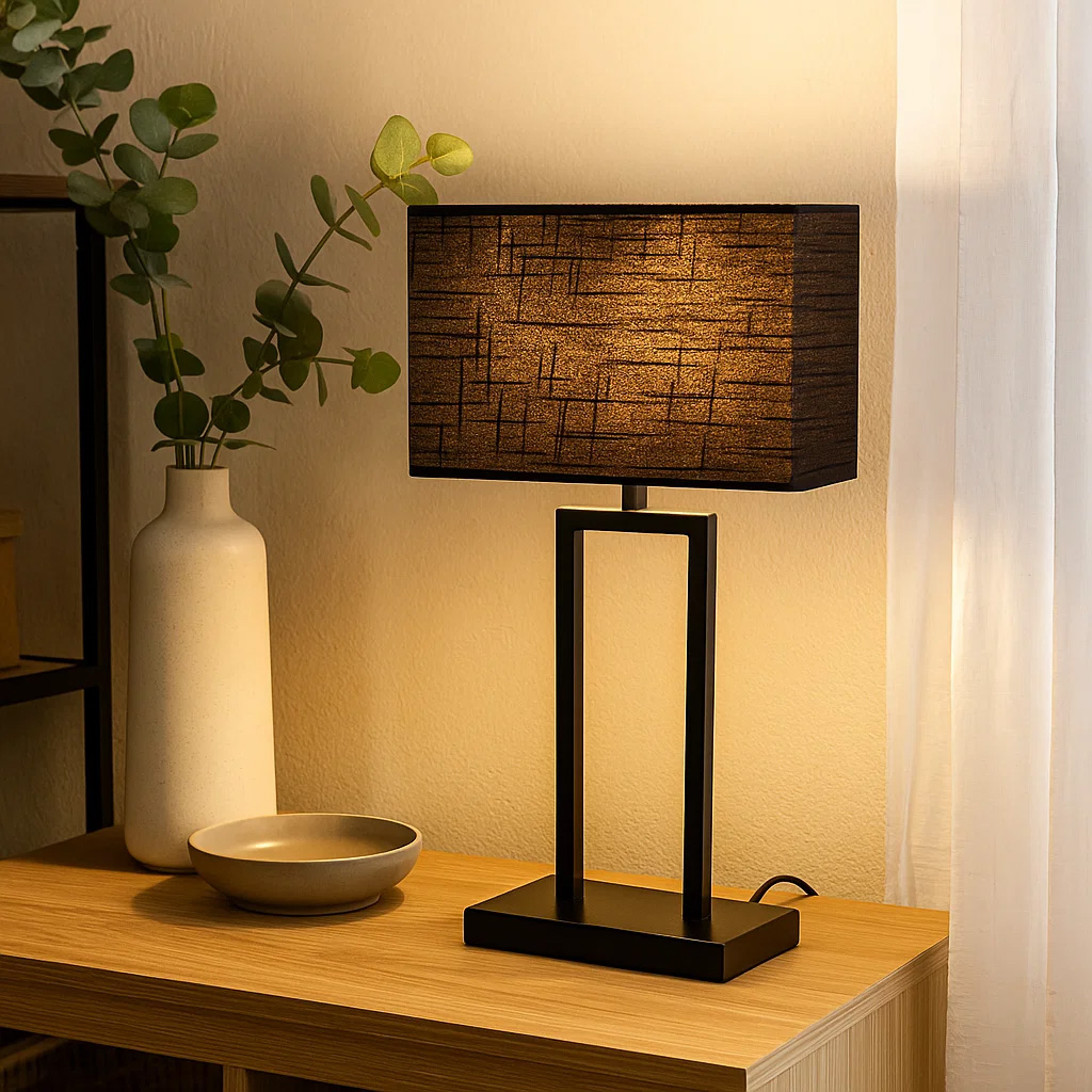 Gemma 52cm Schwarz tischlampe Von Nordic Lighting - Der schwarze, rechteckige Lampenschirm aus Textil spendet ein sanftes und angenehmes Licht, das sich perfekt in Schlafzimmer, Wohnzimmer und Flur einf&uuml;gt.