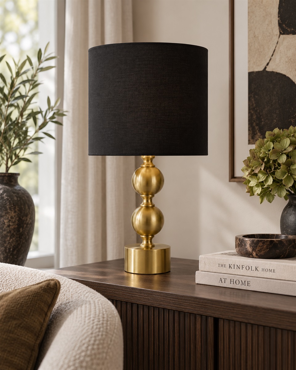Circolo 48cm Messing/Schwarz tischlampe Von Nordic Lighting - Die Circolo Tischleuchte kombiniert einen dekorativen Metallfu&szlig; mit elegantem Messing-Finish und einem klassischen schwarzen Leinenschirm.