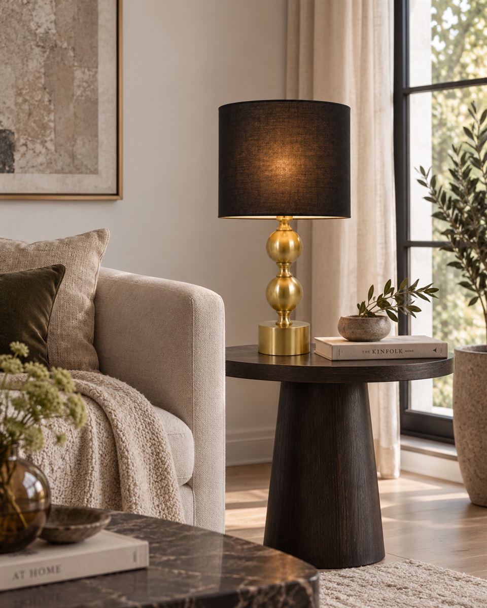 Circolo 48cm Messing/Schwarz tischlampe Von Nordic Lighting - Die Circolo Tischleuchte kombiniert einen dekorativen Metallfu&szlig; mit elegantem Messing-Finish und einem klassischen schwarzen Leinenschirm.