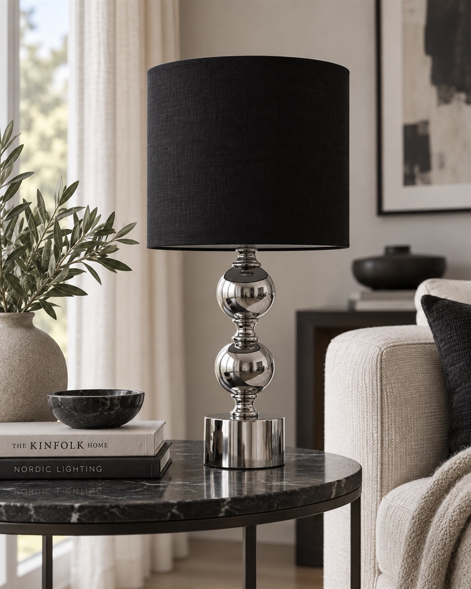 Circolo 48cm Chrom/Schwarz tischlampe Von Nordic Lighting - Die Circolo Tischleuchte kombiniert einen dekorativen Metallfu&szlig; mit elegantem Chrom-Finish und einem klassischen schwarzen Leinenschirm.
