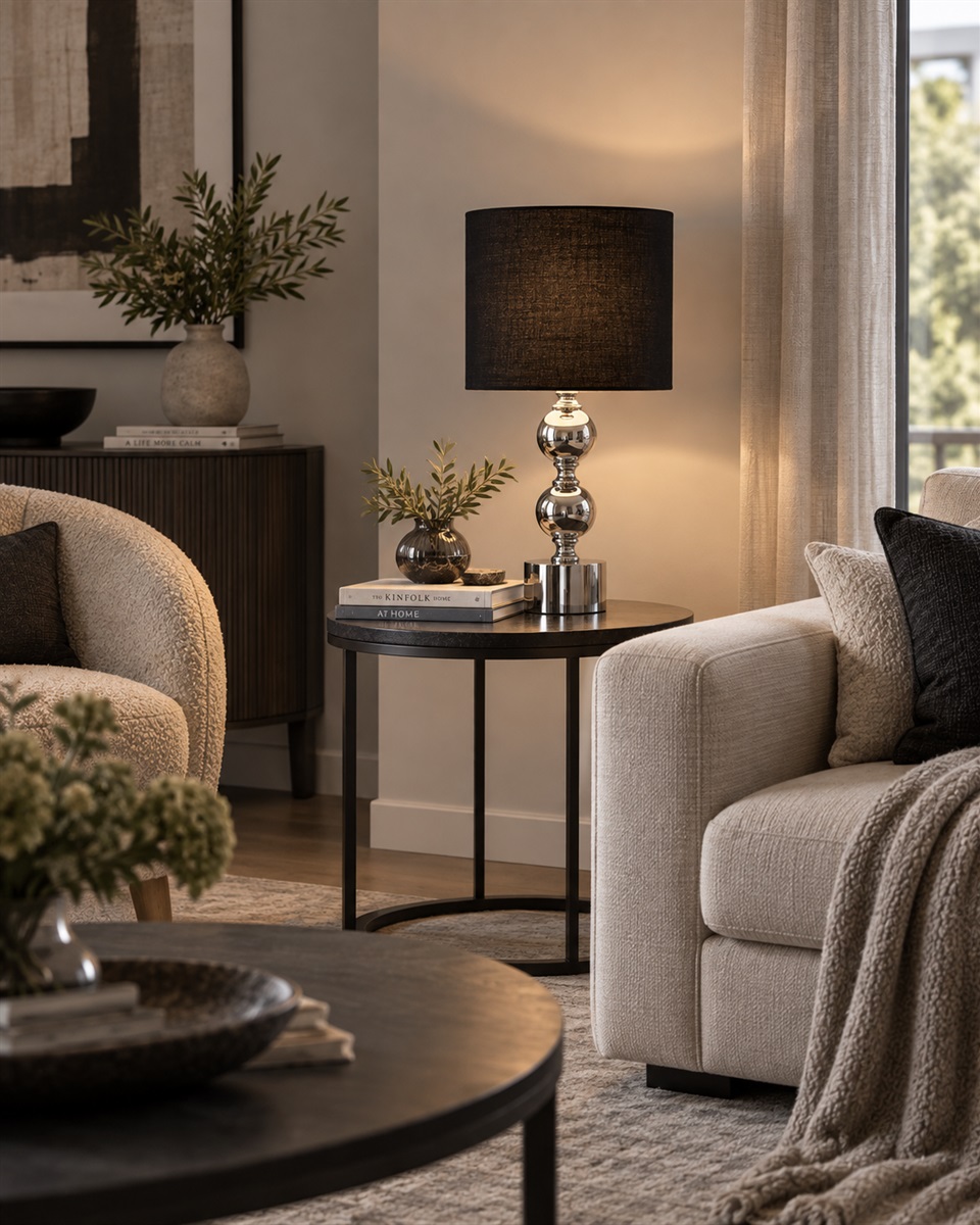 Circolo 48cm Chrom/Schwarz tischlampe Von Nordic Lighting - Die Circolo Tischleuchte kombiniert einen dekorativen Metallfu&szlig; mit elegantem Chrom-Finish und einem klassischen schwarzen Leinenschirm.