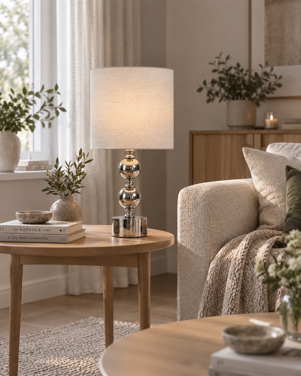 Circolo 48cm Chrom/Weiß tischlampe Von Nordic Lighting - Die Circolo Tischleuchte kombiniert einen dekorativen Metallfu&szlig; mit elegantem Chrom-Finish und einem klassischen wei&szlig;en Leinenschirm.