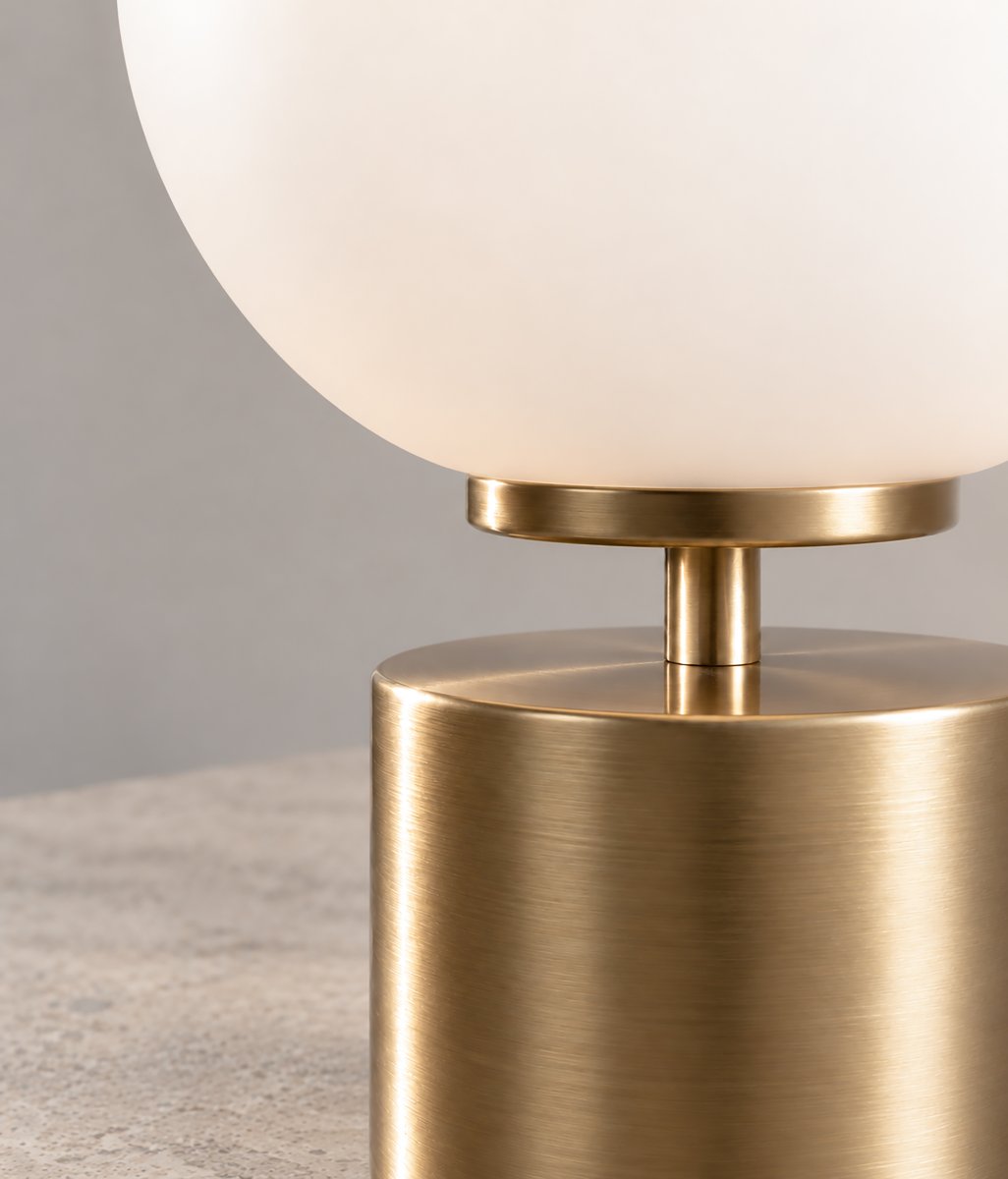 Ballon 24cm Messing tischlampe Von Herstal - Der kugelförmige Glasschirm verbreitet ein sanftes und angenehmes Licht, das eine warme und einladende Atmosphäre im Raum schafft.