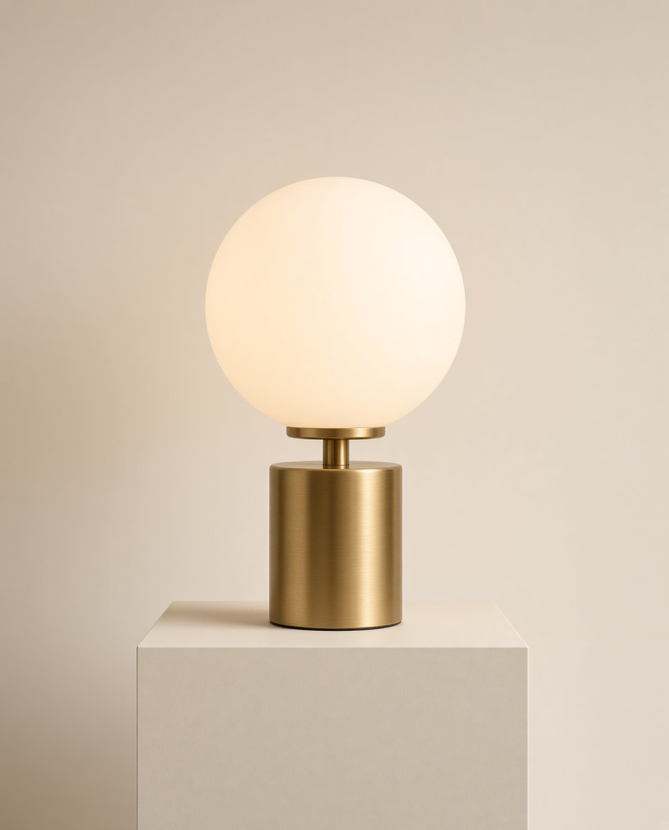 Ballon 24cm Messing tischlampe Von Herstal - Der kugelförmige Glasschirm verbreitet ein sanftes und angenehmes Licht, das eine warme und einladende Atmosphäre im Raum schafft.