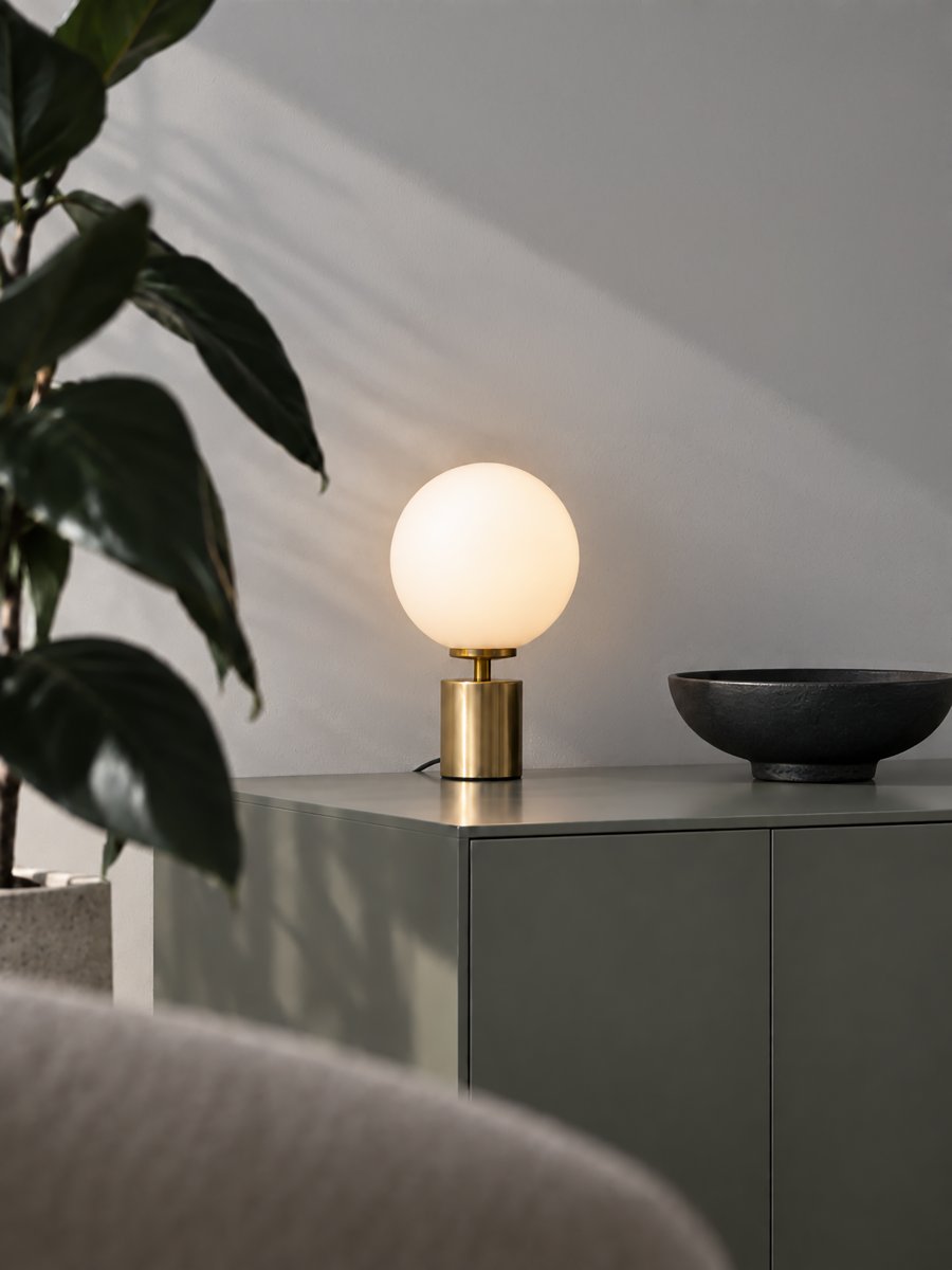 Ballon 24cm Messing tischlampe Von Herstal - Der kugelförmige Glasschirm verbreitet ein sanftes und angenehmes Licht, das eine warme und einladende Atmosphäre im Raum schafft.