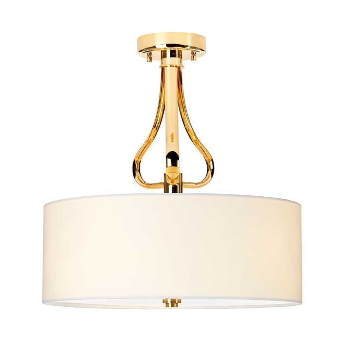 Falmouth Ø40 Gold badezimmerlampe Von Elstead Lighting - Die Lampe ist aus Messing gefertigt, hochgl&auml;nzend goldfarben und verf&uuml;gt &uuml;ber einen cremewei&szlig;en Lampenschirm aus Baumwollmischgewebe, der f&uuml;r ein gleichm&auml;&szlig;iges und blendfreies Licht sorgt.