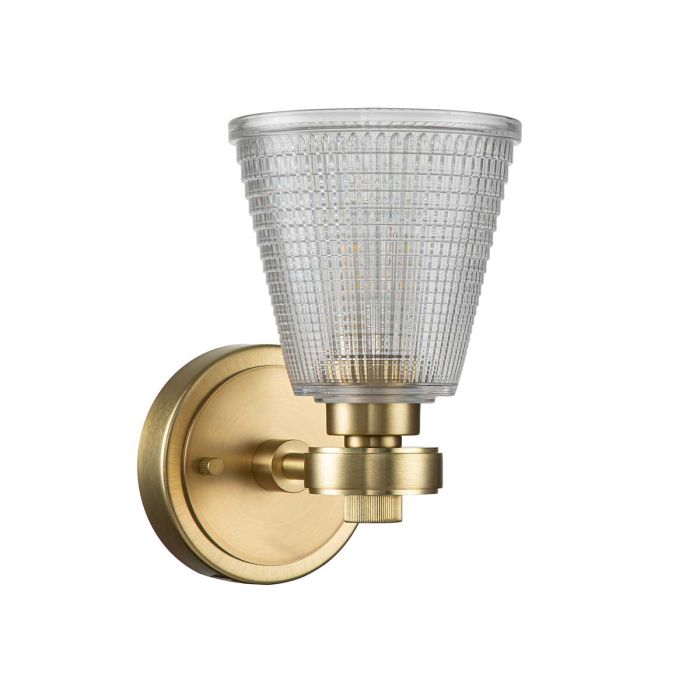 Gunnislake 13cm Gebürstetes Messing badezimmerlampe Von Elstead Lighting - Die Leuchte besteht aus Stahl mit geb&uuml;rsteter Messingoberfl&auml;che und verf&uuml;gt &uuml;ber einen klaren, strukturierten Glasschirm, der f&uuml;r ein gleichm&auml;&szlig;iges und blendfreies Licht sorgt.