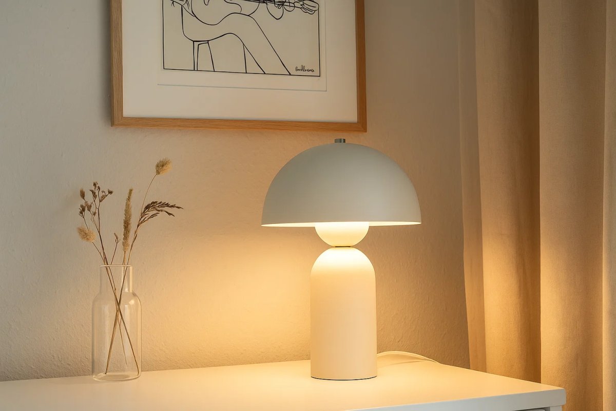 Capello 35cm Weiß tischlampe Von Nordic Lighting - Das dekorative Chromdetail an der Oberseite verleiht der Leuchte einen eleganten Touch und macht sie zu einem sch&ouml;nen Blickfang in Schlafzimmern, Wohnzimmern und Fluren.