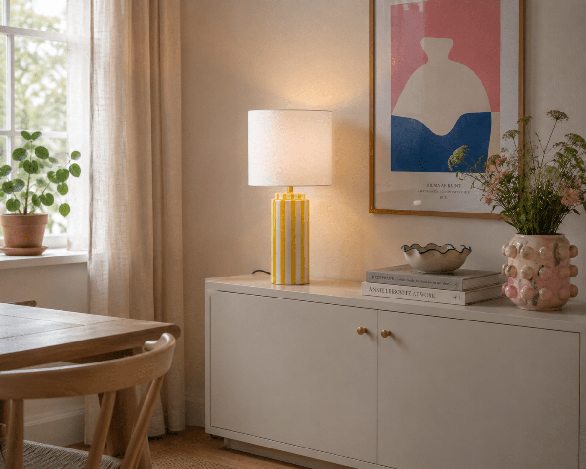 Faro 50cm Gelb/weiß tischlampe Von Nordic Lighting - Der Lampenfu&szlig; aus Keramik ist cremewei&szlig; mit gelben Streifen, die einen lebendigen und zugleich harmonischen Eindruck erzeugen.