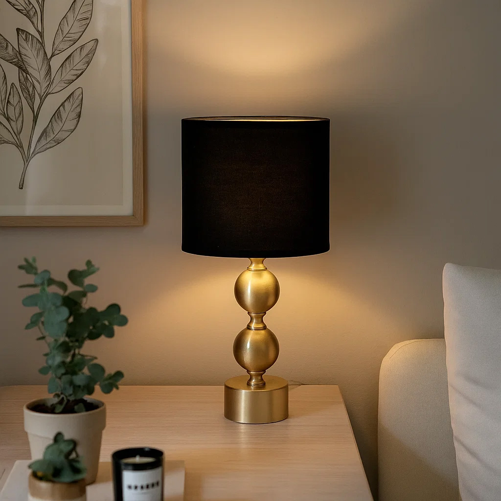 Circolo 48cm Messing/Schwarz tischlampe Von Nordic Lighting - Die Circolo Tischleuchte kombiniert einen dekorativen Metallfu&szlig; mit elegantem Messing-Finish und einem klassischen schwarzen Leinenschirm.