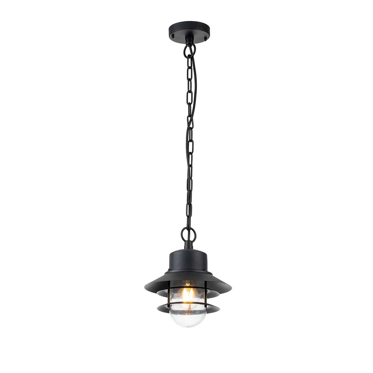 Copenhagen Ø22 Schwarz Von Elstead Lighting - Tillverkad av rostfritt st&aring;l i svart finish och glas, erbjuder den en h&aring;llbar och v&auml;dert&aring;lig konstruktion som passar perfekt f&ouml;r entr&eacute;er, altaner och verandor.