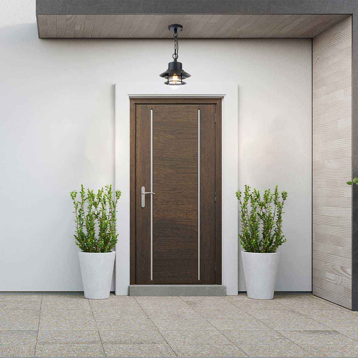 Copenhagen Ø22 Schwarz Von Elstead Lighting - Tillverkad av rostfritt st&aring;l i svart finish och glas, erbjuder den en h&aring;llbar och v&auml;dert&aring;lig konstruktion som passar perfekt f&ouml;r entr&eacute;er, altaner och verandor.