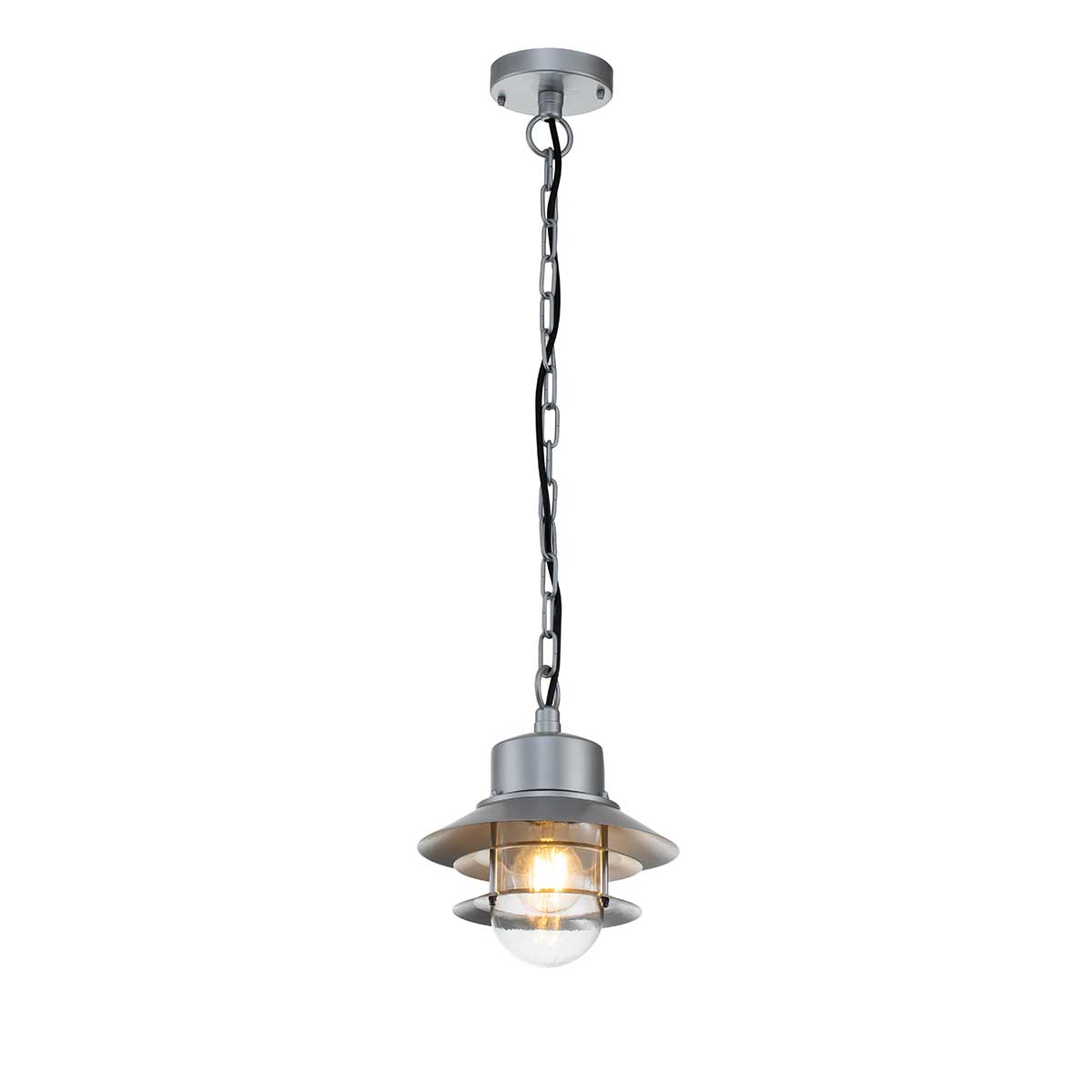 Copenhagen Ø22 Silber Von Elstead Lighting - Tillverkad av rostfritt st&aring;l i silverfinish och glas, erbjuder den en h&aring;llbar och v&auml;dert&aring;lig konstruktion som passar perfekt f&ouml;r entr&eacute;er, altaner och verandor.