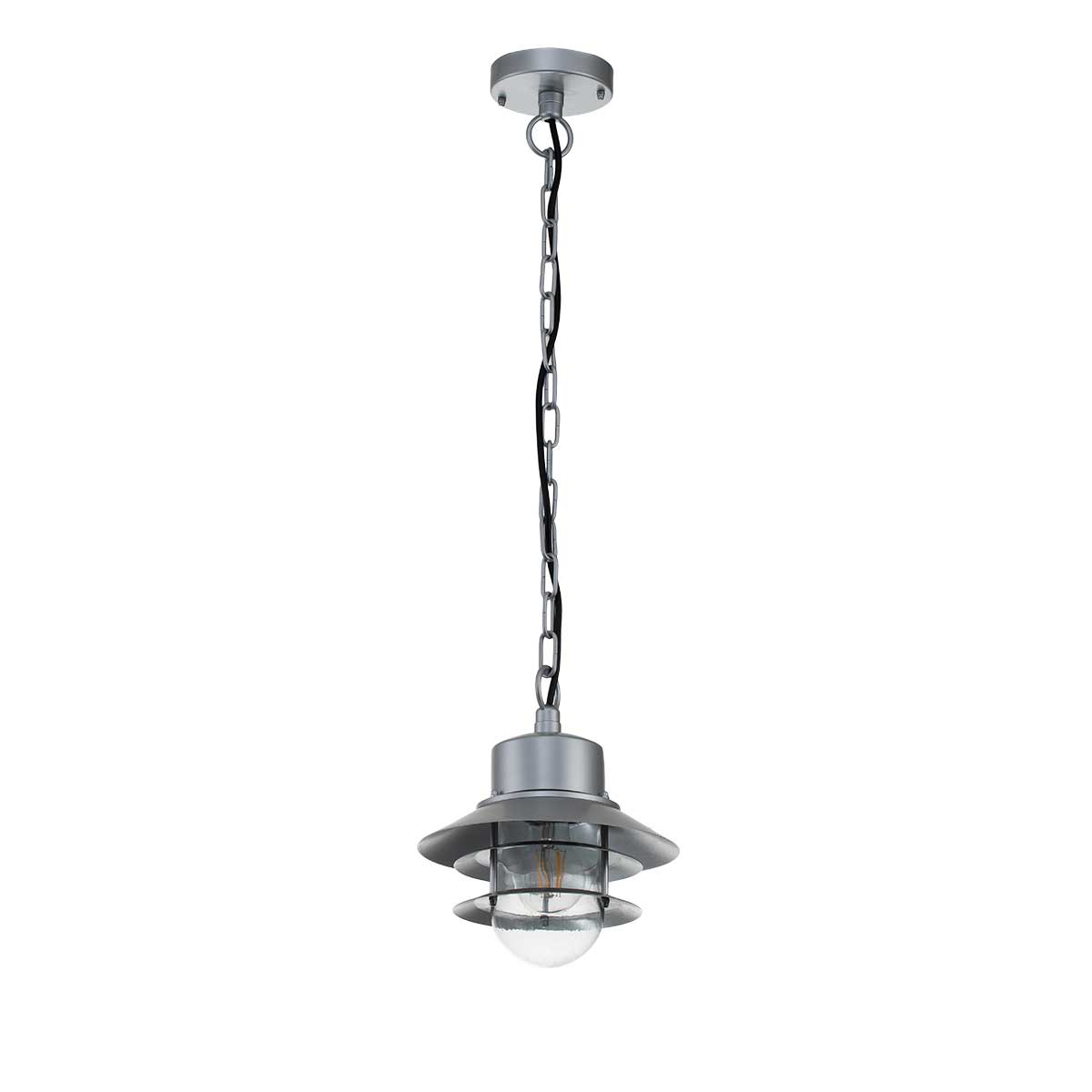 Copenhagen Ø22 Silber Von Elstead Lighting - Tillverkad av rostfritt st&aring;l i silverfinish och glas, erbjuder den en h&aring;llbar och v&auml;dert&aring;lig konstruktion som passar perfekt f&ouml;r entr&eacute;er, altaner och verandor.
