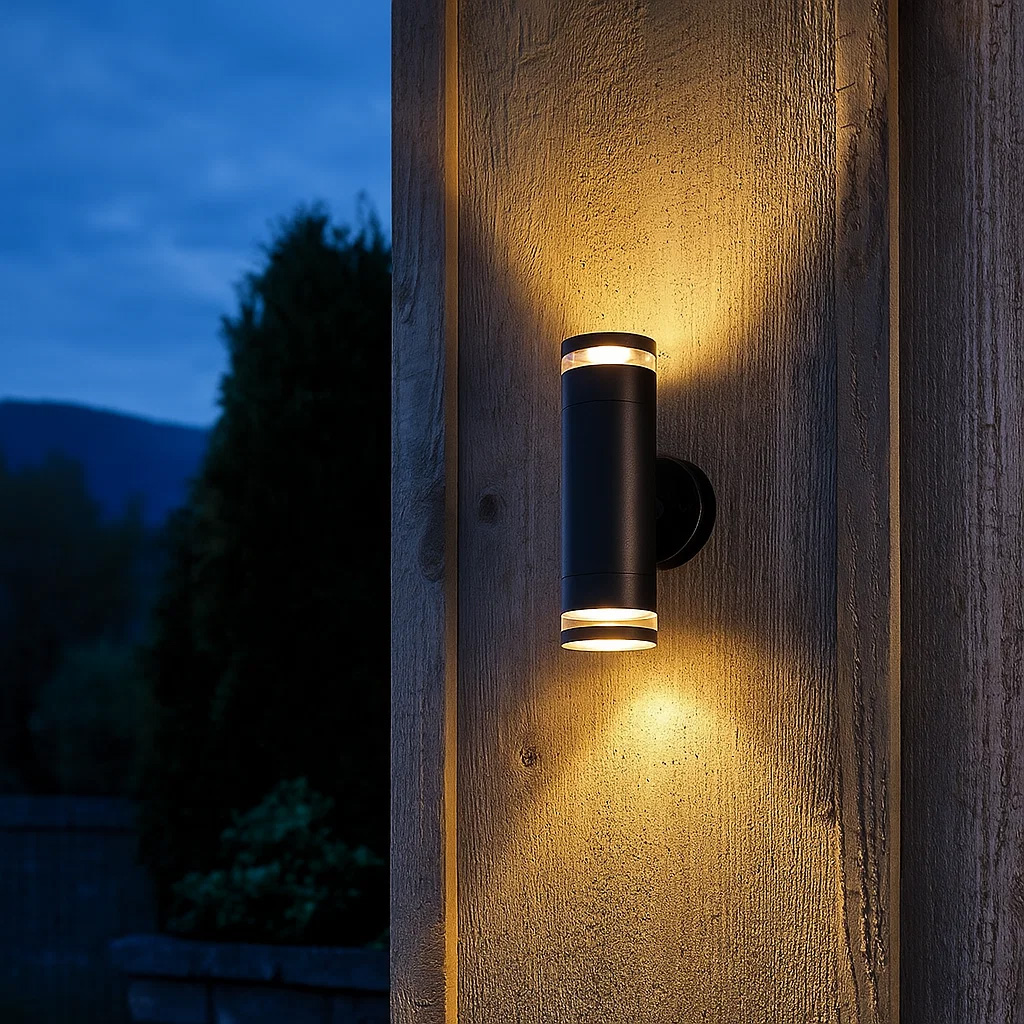 Cylinder duo Schwarz außenlampe Von Lampan - Lampan lyser fint b&aring;de upp och ner p&aring; v&auml;ggen.