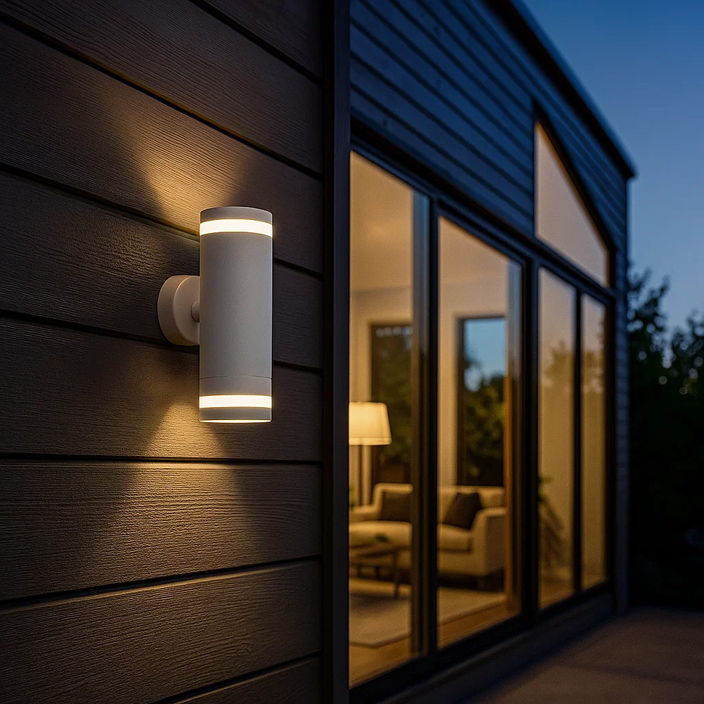 Cylinder Duo Weiß außenlampe Von Lampan - Lampan lyser fint b&aring;de upp och ner p&aring; v&auml;ggen.