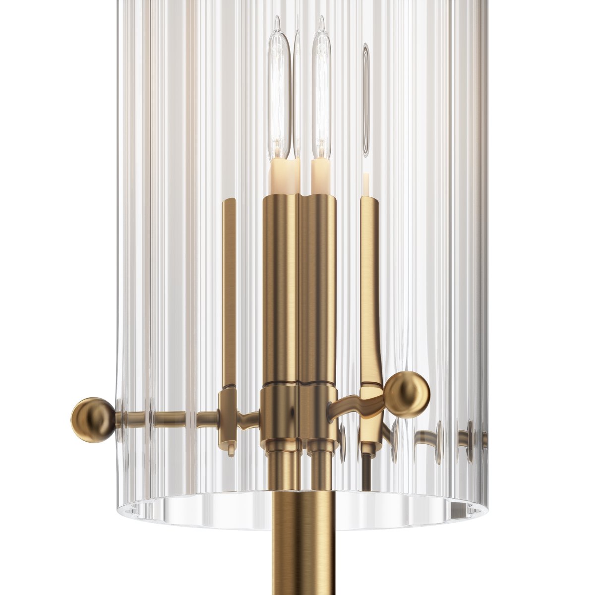Arco 38cm Messing wandlampe Von Maytoni - Mit ihren zwei Lichtquellen, umgeben von klaren, geriffelten Glasschirmen und einem wundersch&ouml;nen goldenen Arm, verbreitet sie ein elegantes und einladendes Licht im Raum.