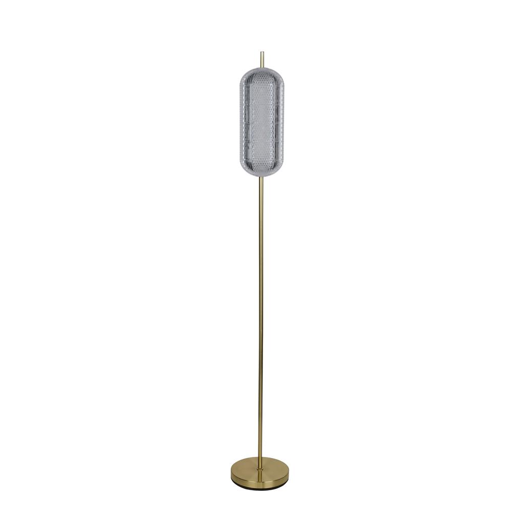 Capsule Messing stehlampe Von Searchlight - Capsule ist eine elegante und moderne Stehleuchte mit Details aus satiniertem Messing und einem Schirm aus Acrylglas, der ein weiches und angenehmes Licht verbreitet.