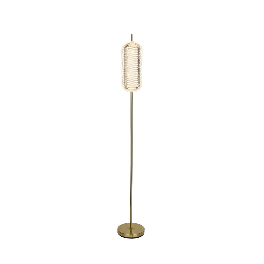 Capsule Messing stehlampe Von Searchlight - Capsule ist eine elegante und moderne Stehleuchte mit Details aus satiniertem Messing und einem Schirm aus Acrylglas, der ein weiches und angenehmes Licht verbreitet.